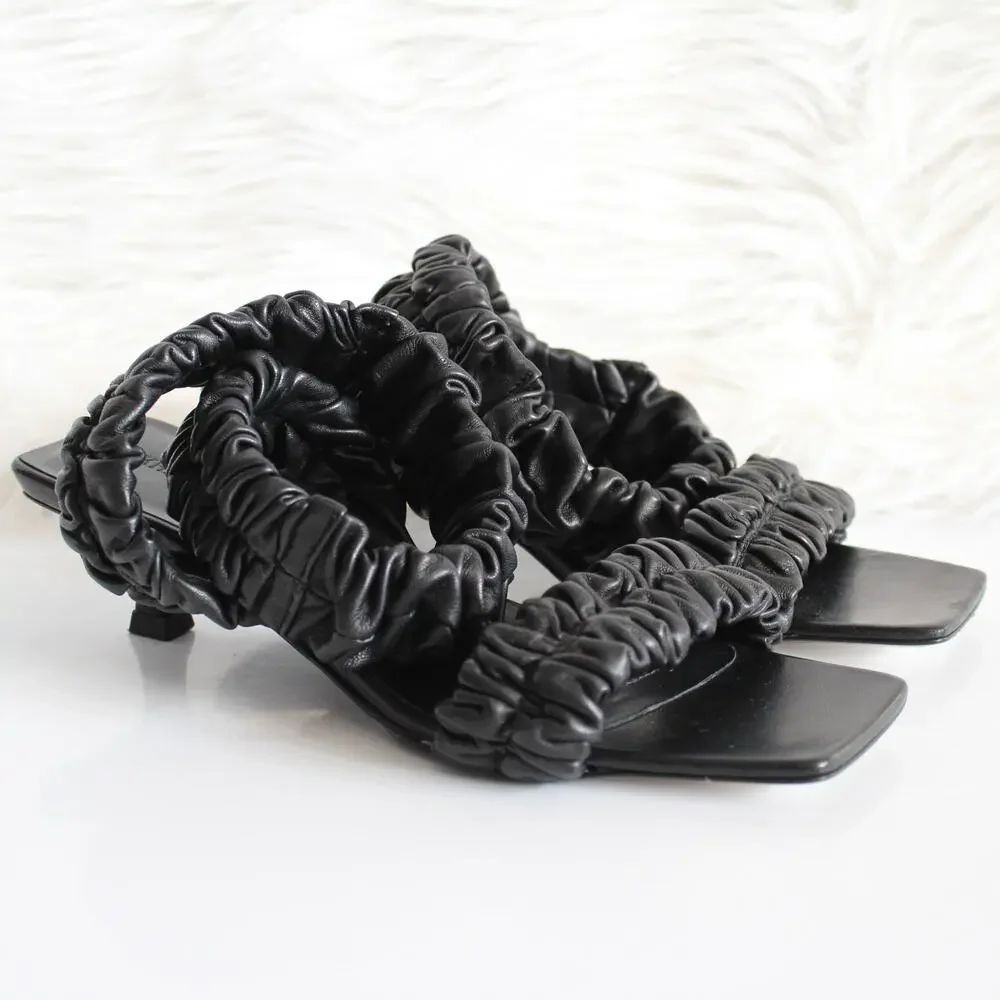 Khaite Lexington Black Ruched Leather Kitten-Heel Sandals (two different sizes) - Picture 4 of 16